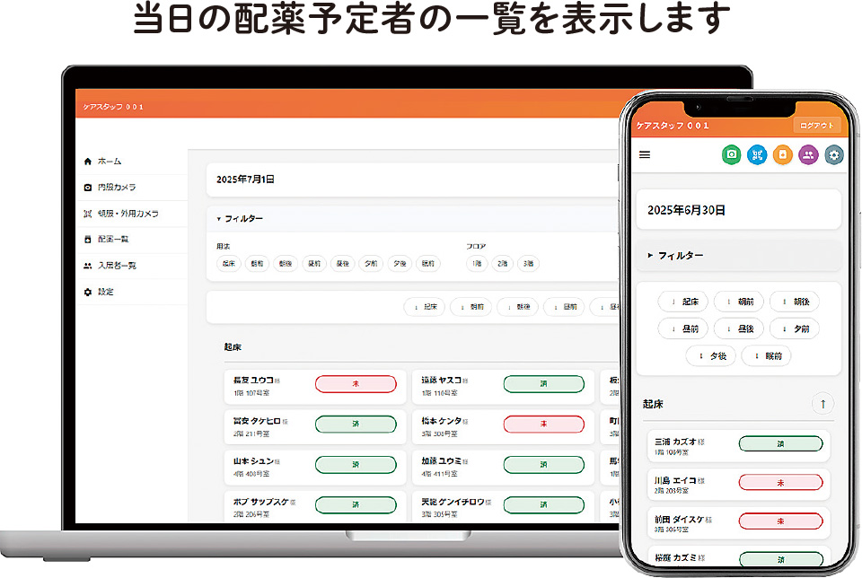 図：各時間帯の配薬予定と未配薬の一覧を表示