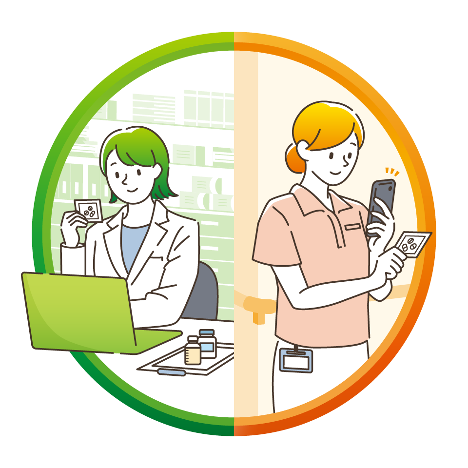 調剤薬局と介護施設でピクスリーを利用しているイラスト